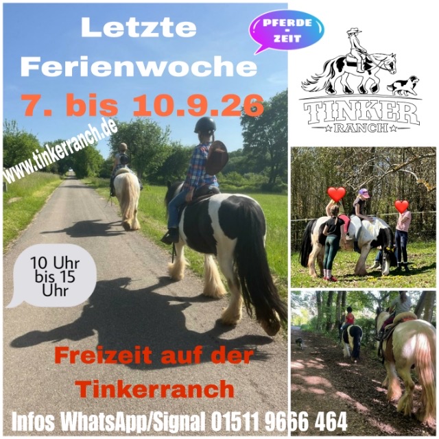 Flyer zur Ferienfreizeit auf der Tinker Ranch vom 7. bis 10. September 2026, täglich von 10 bis 15 Uhr.